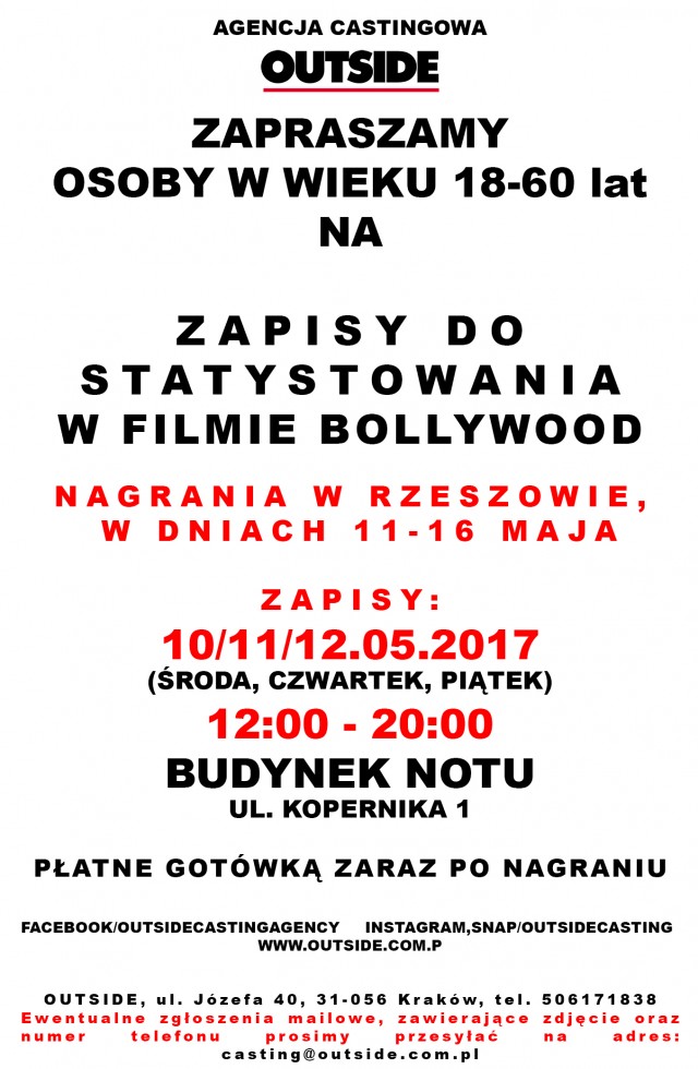 FILM BOLLYWOOD w RZESZOWIE, ZAPRASZAMY NA CASTING DLA STATYSTÓW